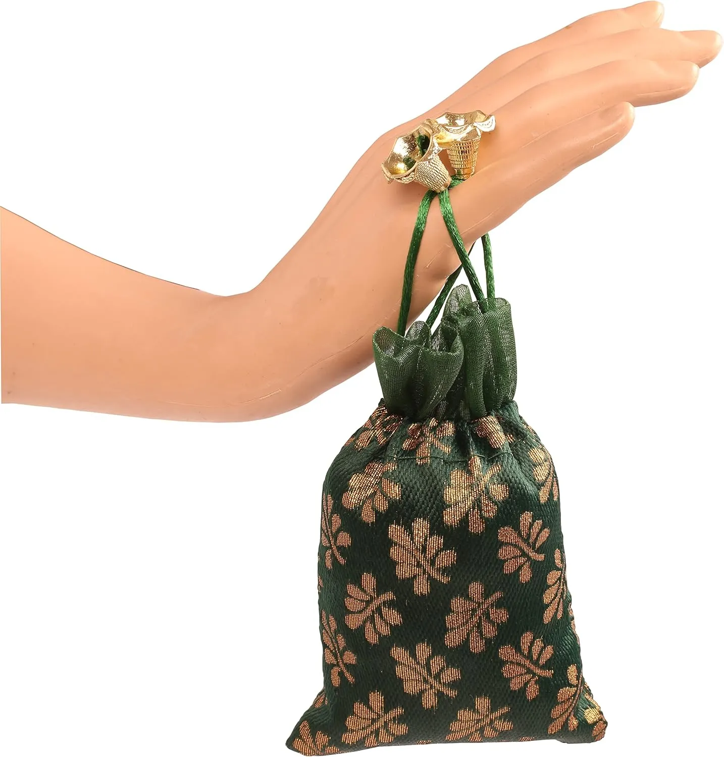 Touchstone Gorgeous Gift Wrapping bags reusable environment friendly Large Drawstring Mimosa Leaf Pattern Brocade for birthdays, wedding, return present packing set. pack of 9. 6x4 inches