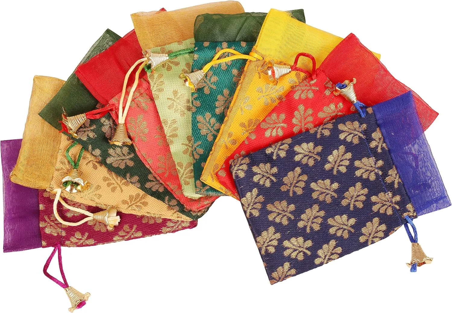 Touchstone Gorgeous Gift Wrapping bags reusable environment friendly Large Drawstring Mimosa Leaf Pattern Brocade for birthdays, wedding, return present packing set. pack of 9. 6x4 inches