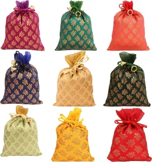 Touchstone Gorgeous Gift Wrapping bags reusable environment friendly Large Drawstring Mimosa Leaf Pattern Brocade for birthdays, wedding, return present packing set. pack of 9. 6x4 inches