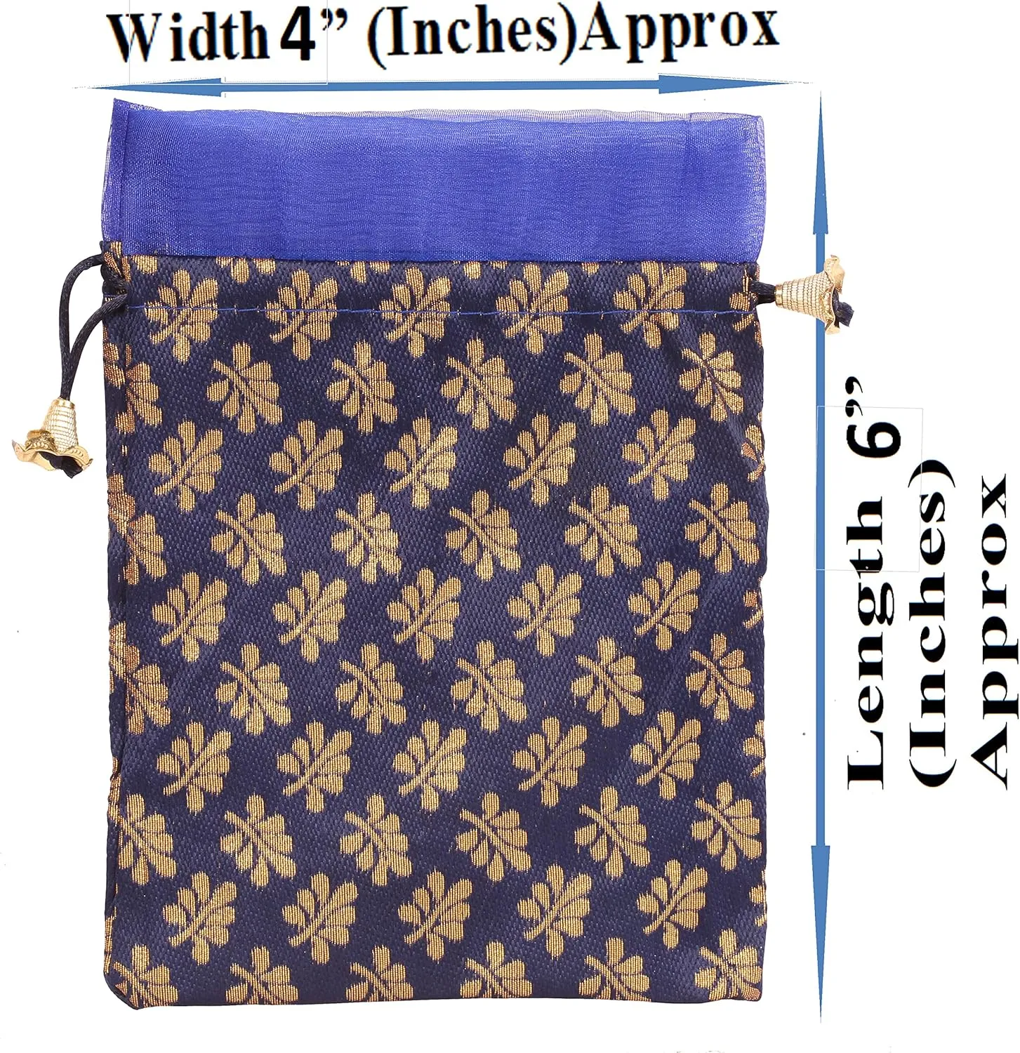 Touchstone Gorgeous Gift Wrapping bags reusable environment friendly Large Drawstring Mimosa Leaf Pattern Brocade for birthdays, wedding, return present packing set. pack of 9. 6x4 inches