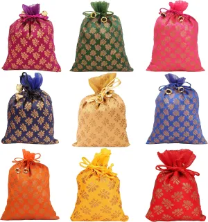 Touchstone Gorgeous Gift Wrapping bags reusable environment friendly Large Drawstring Mimosa Leaf Pattern Brocade for birthdays wedding return present packing set. pack of 9. 7x5 inches