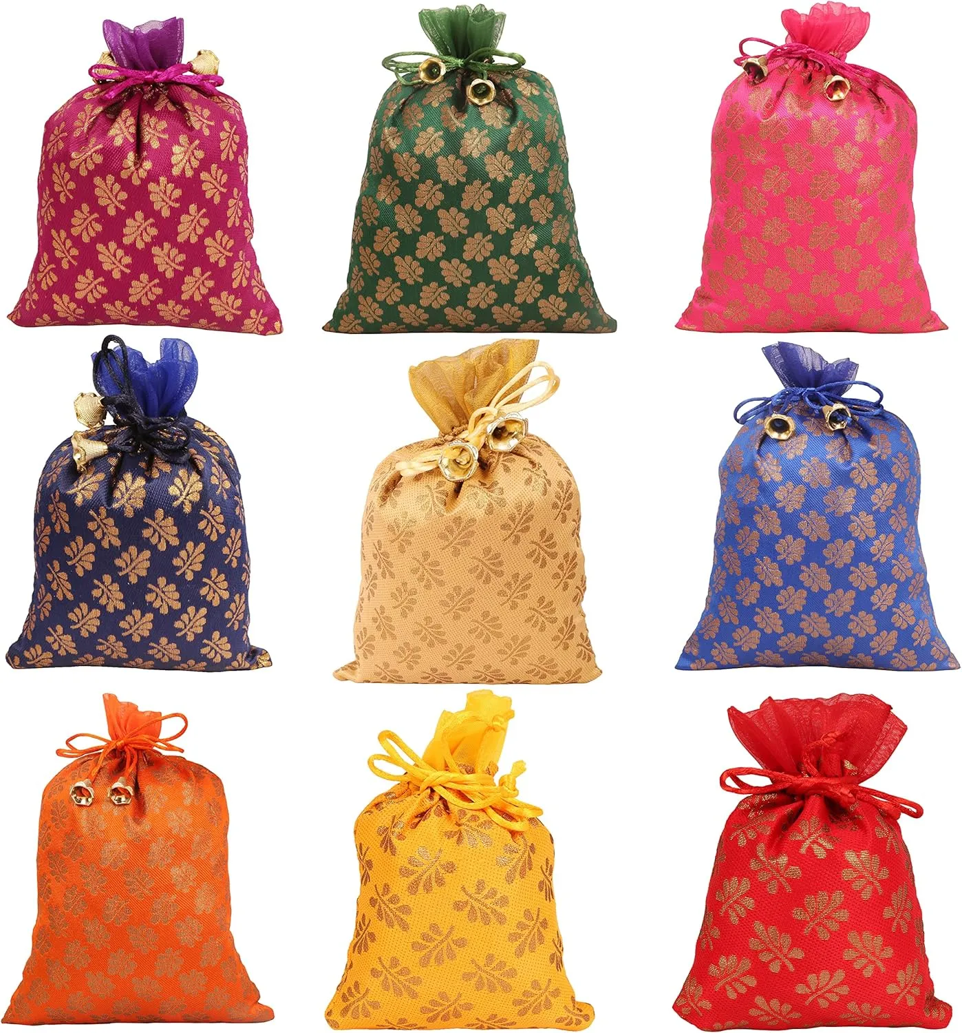 Touchstone Gorgeous Gift Wrapping bags reusable environment friendly Large Drawstring Mimosa Leaf Pattern Brocade for birthdays wedding return present packing set. pack of 9. 7x5 inches