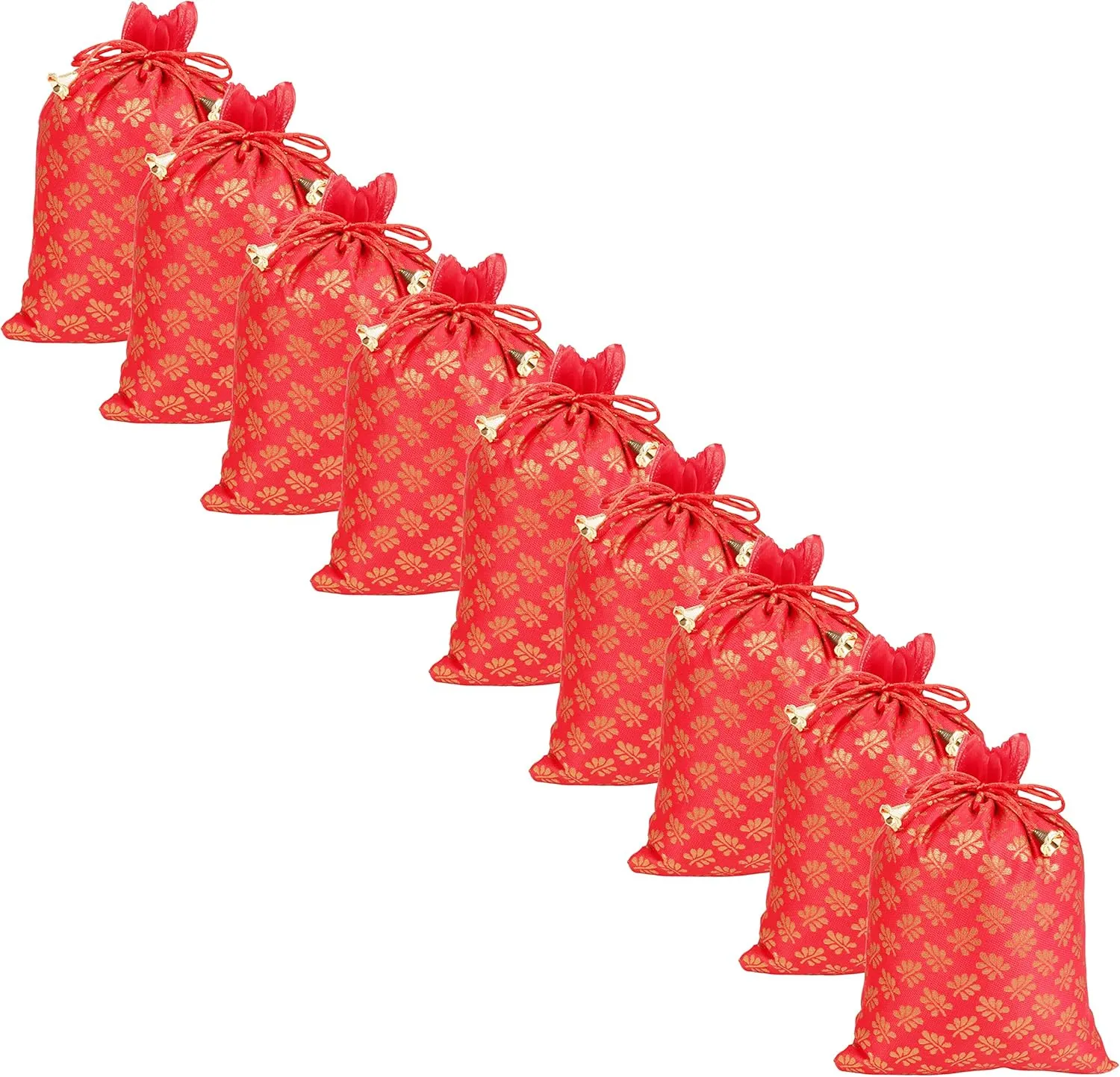 Touchstone Gorgeous Gift Wrapping bags reusable environment friendly Large Drawstring Mimosa Leaf Pattern Brocade for birthdays, wedding, return present packing set. pack of 9. 9x7 inches.