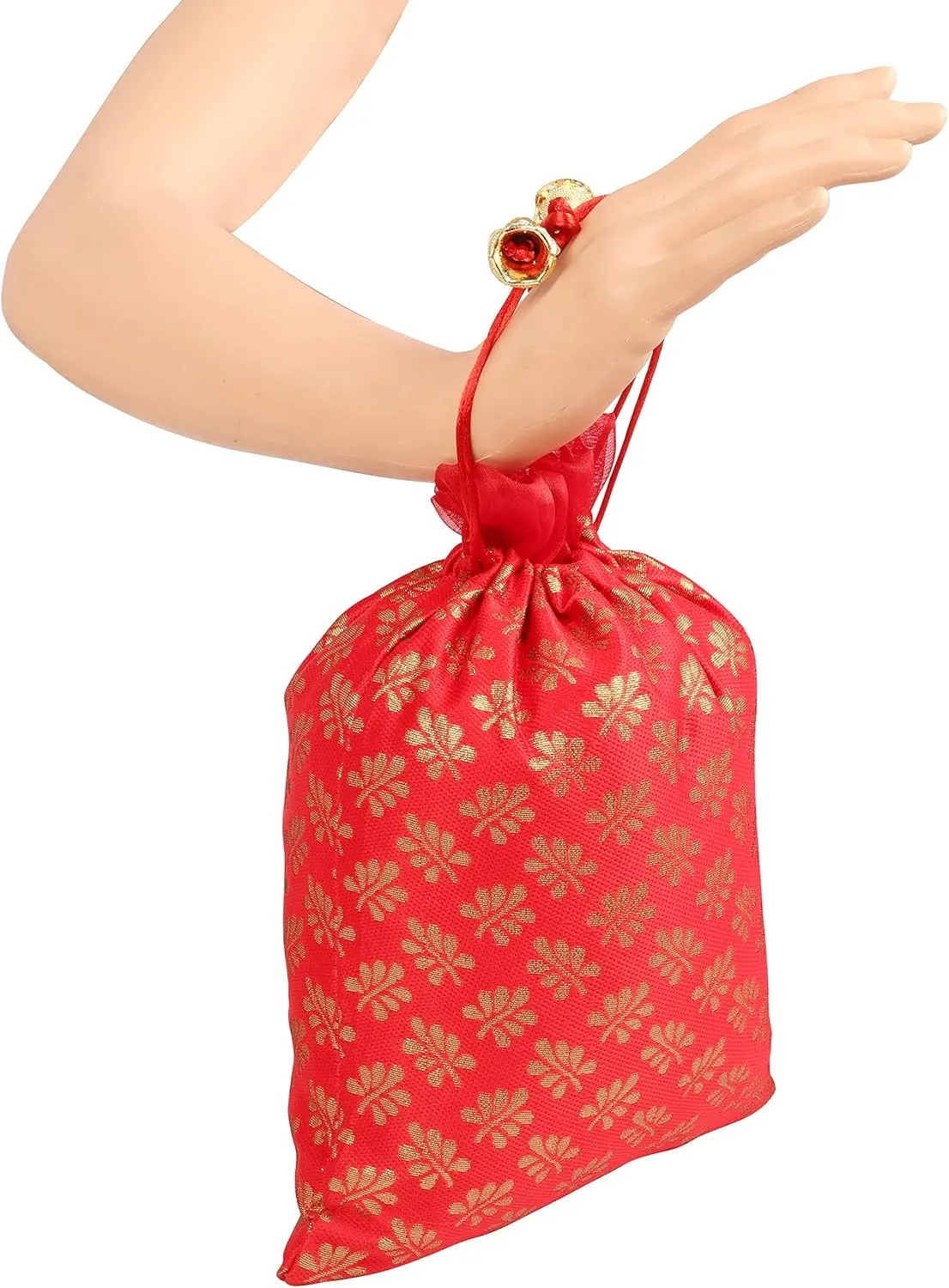 Touchstone Gorgeous Gift Wrapping bags reusable environment friendly Large Drawstring Mimosa Leaf Pattern Brocade for birthdays, wedding, return present packing set. pack of 9. 9x7 inches.