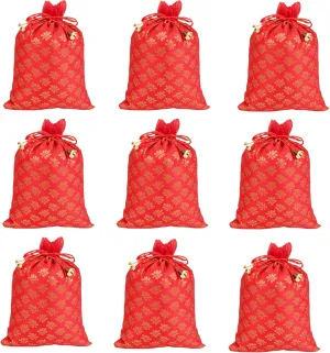 Touchstone Gorgeous Gift Wrapping bags reusable environment friendly Large Drawstring Mimosa Leaf Pattern Brocade for birthdays, wedding, return present packing set. pack of 9. 9x7 inches.