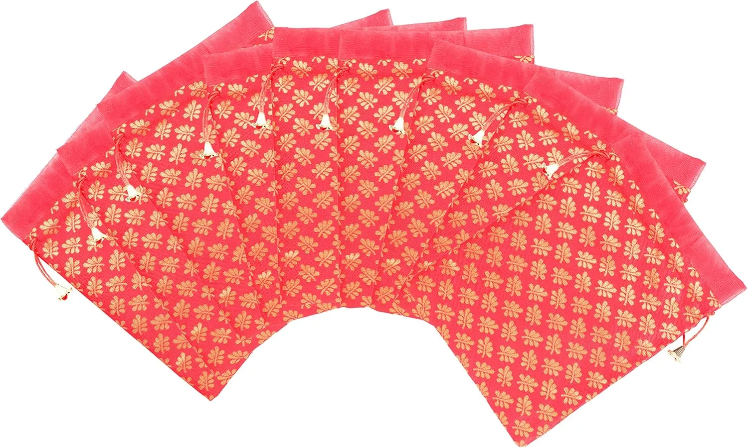 Touchstone Gorgeous Gift Wrapping bags reusable environment friendly Large Drawstring Mimosa Leaf Pattern Brocade for birthdays, wedding, return present packing set. pack of 9. 9x7 inches.