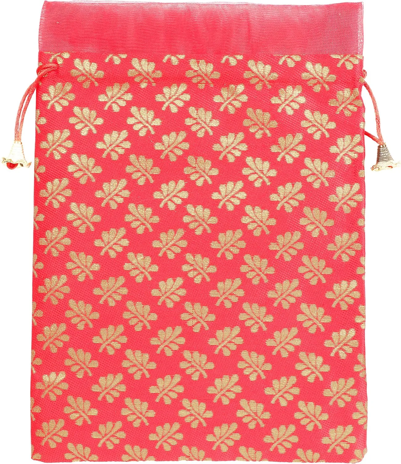 Touchstone Gorgeous Gift Wrapping bags reusable environment friendly Large Drawstring Mimosa Leaf Pattern Brocade for birthdays, wedding, return present packing set. pack of 9. 9x7 inches.