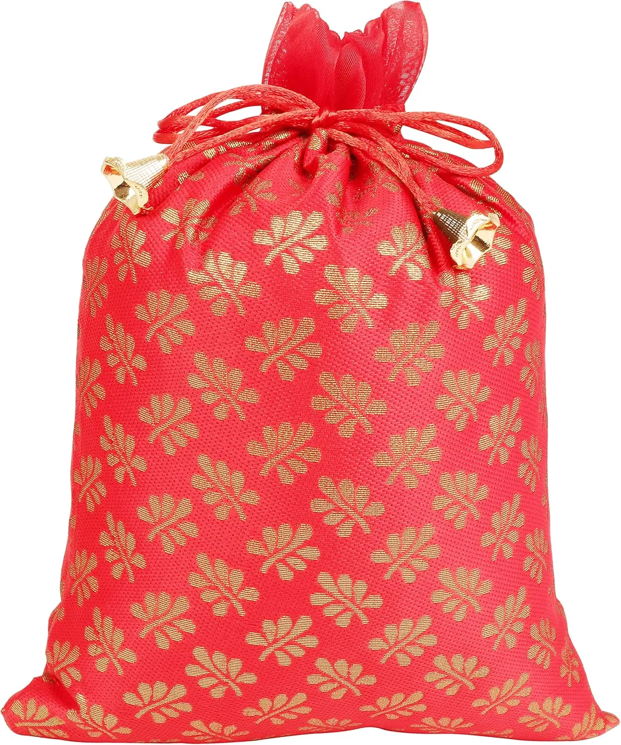 Touchstone Gorgeous Gift Wrapping bags reusable environment friendly Large Drawstring Mimosa Leaf Pattern Brocade for birthdays, wedding, return present packing set. pack of 9. 9x7 inches.