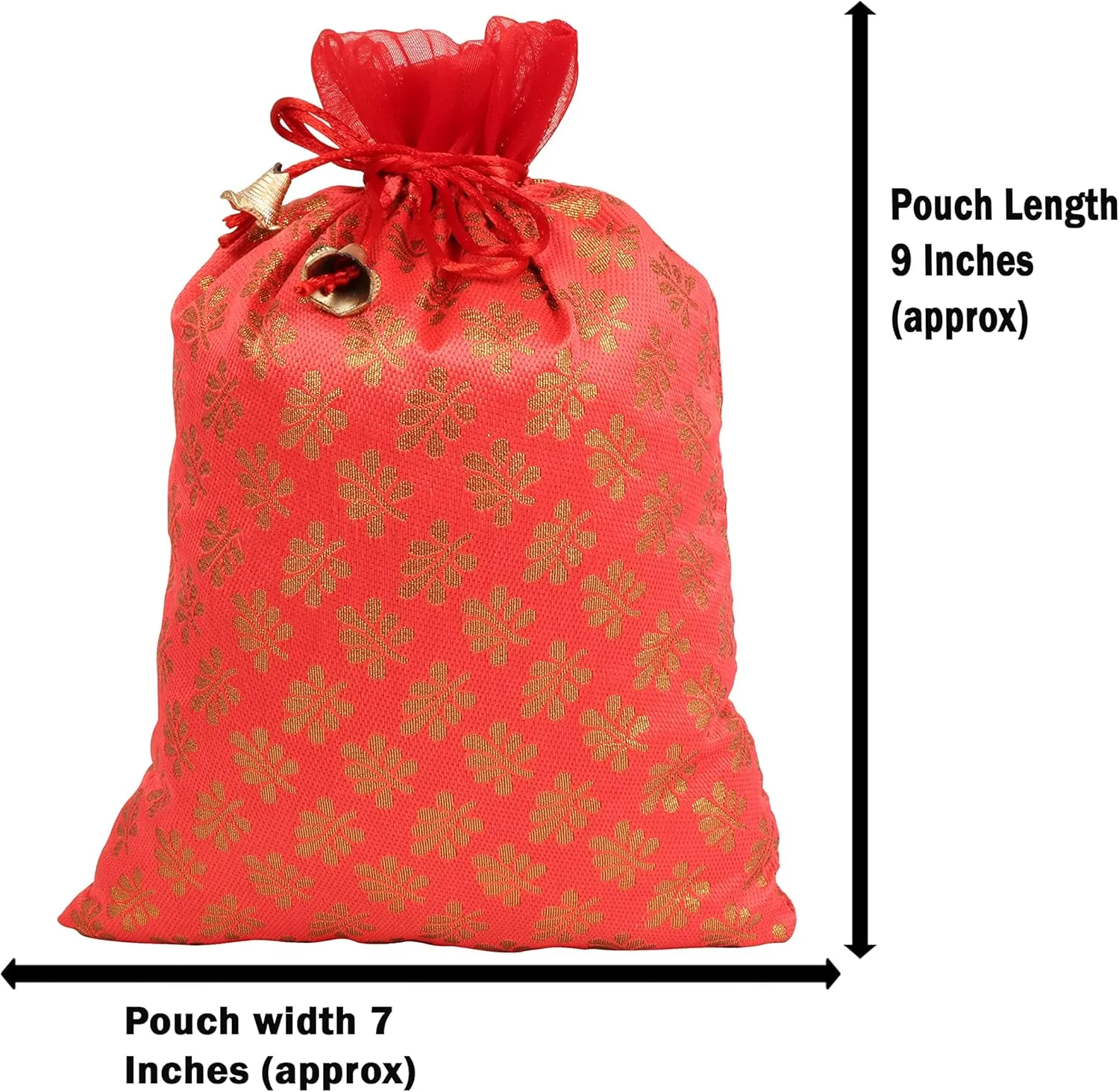 Touchstone Gorgeous Gift Wrapping bags reusable environment friendly Large Drawstring Mimosa Leaf Pattern Brocade for birthdays, wedding, return present packing set. pack of 9. 9x7 inches.