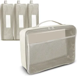 Toy Storage Bag, On the Go Toy Storage Organizer, Car Toy Organization Bags, Lego Travel Bag, Activity Bags for kids, Traveling Carrying Case, Storage Organizer (Small 4pc Beige Bags)
