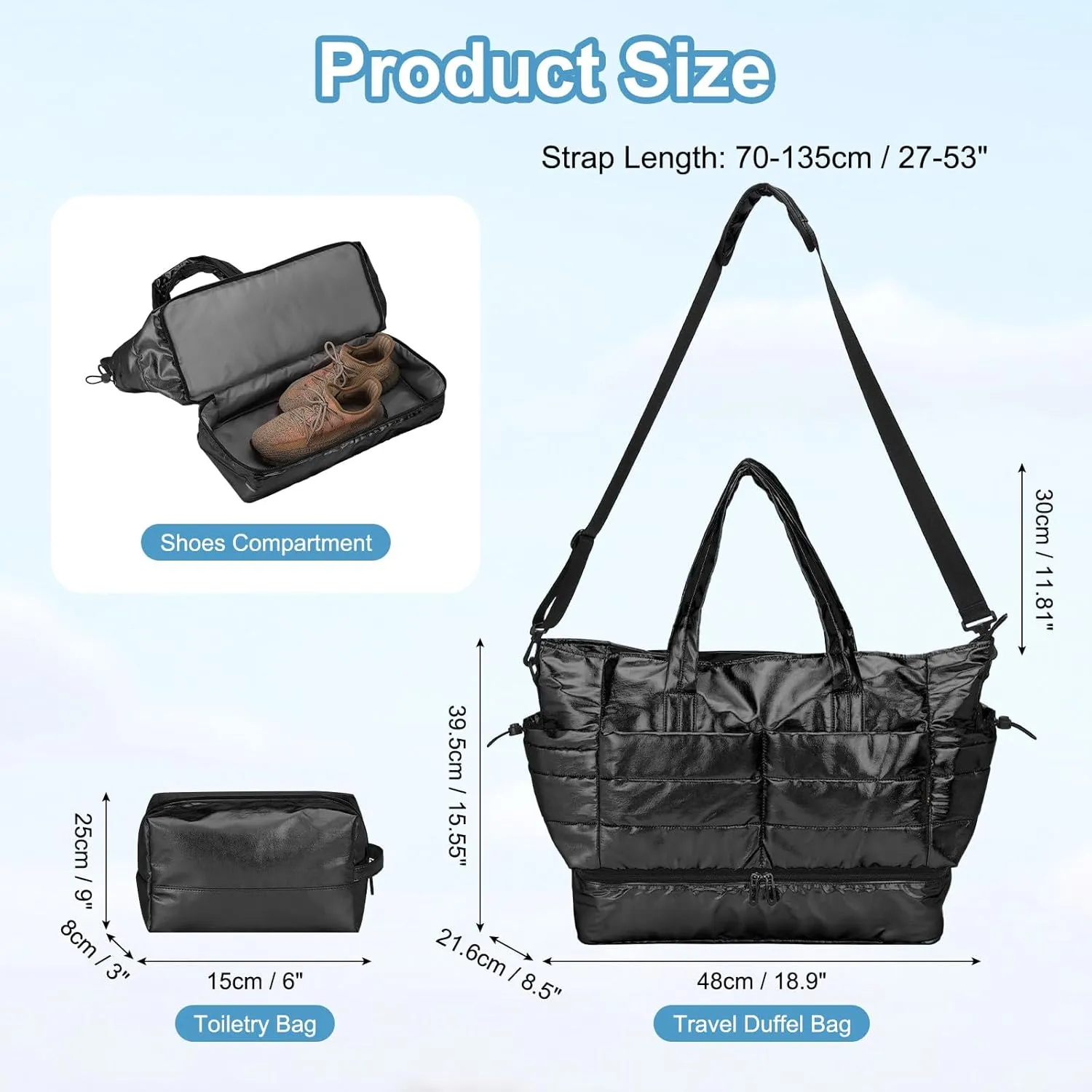 Travel Duffel Bag, 38L Weekend Bag for Women, Gym Bag with Shoes Compartment, Luggage Overnight Carry on Bag with Wet Pocket for Travel Camping, Black