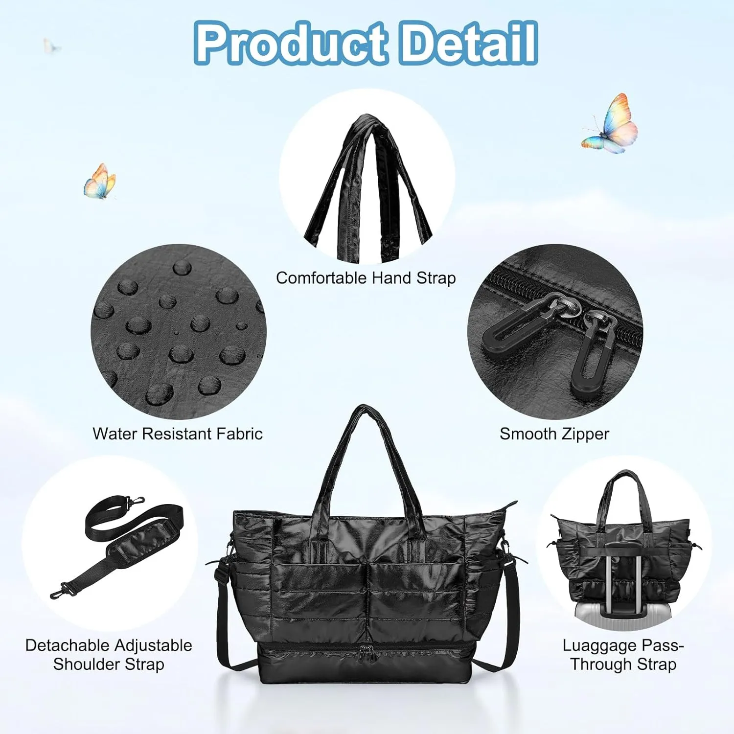 Travel Duffel Bag, 38L Weekend Bag for Women, Gym Bag with Shoes Compartment, Luggage Overnight Carry on Bag with Wet Pocket for Travel Camping, Black
