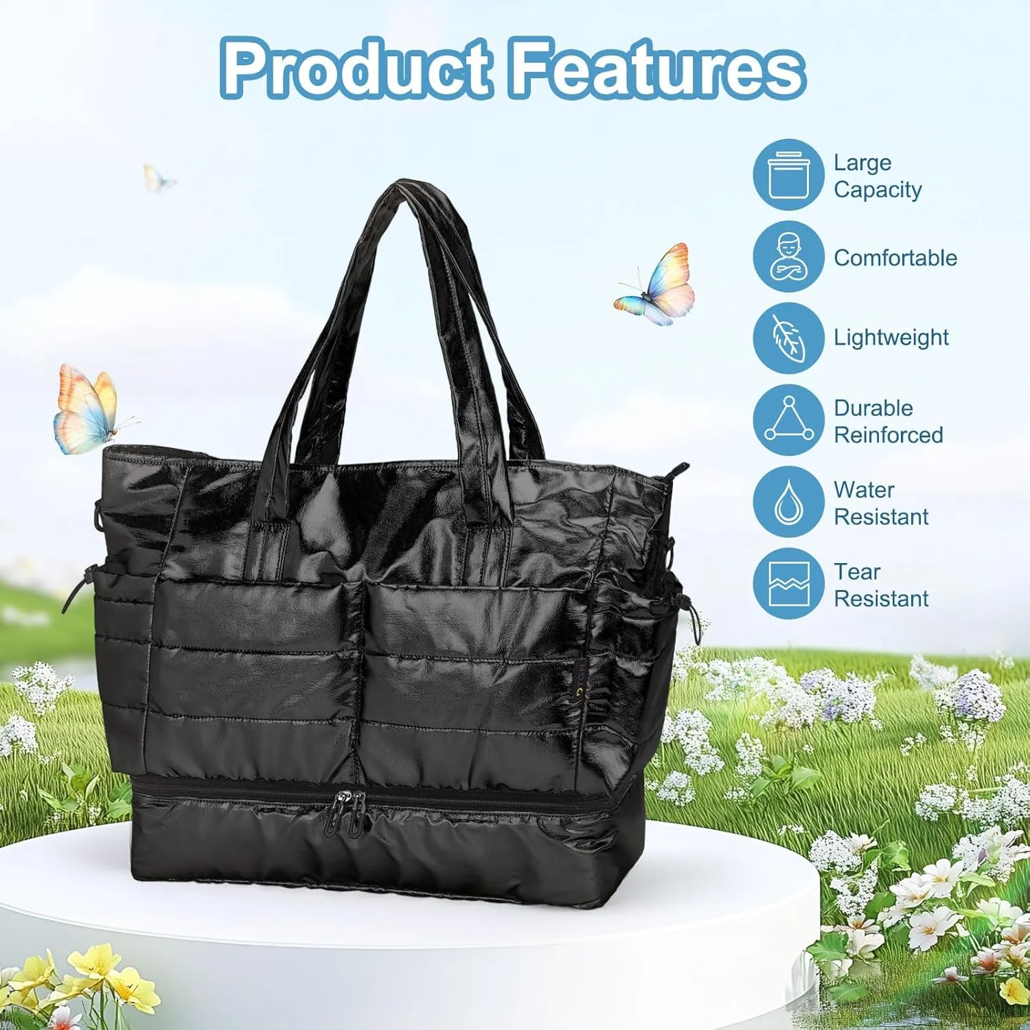 Travel Duffel Bag, 38L Weekend Bag for Women, Gym Bag with Shoes Compartment, Luggage Overnight Carry on Bag with Wet Pocket for Travel Camping, Black