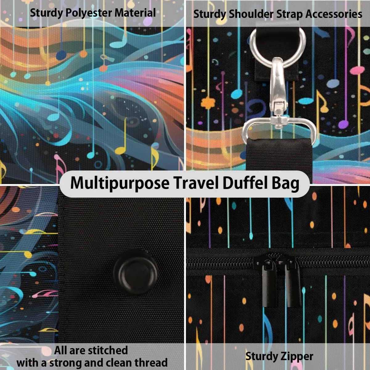 Travel Duffle Bag Cool Music Notes Gym Bags for Men Women Travel Duffel Bags with Adjustable Shoulder Strap Carry On Weekender Bag