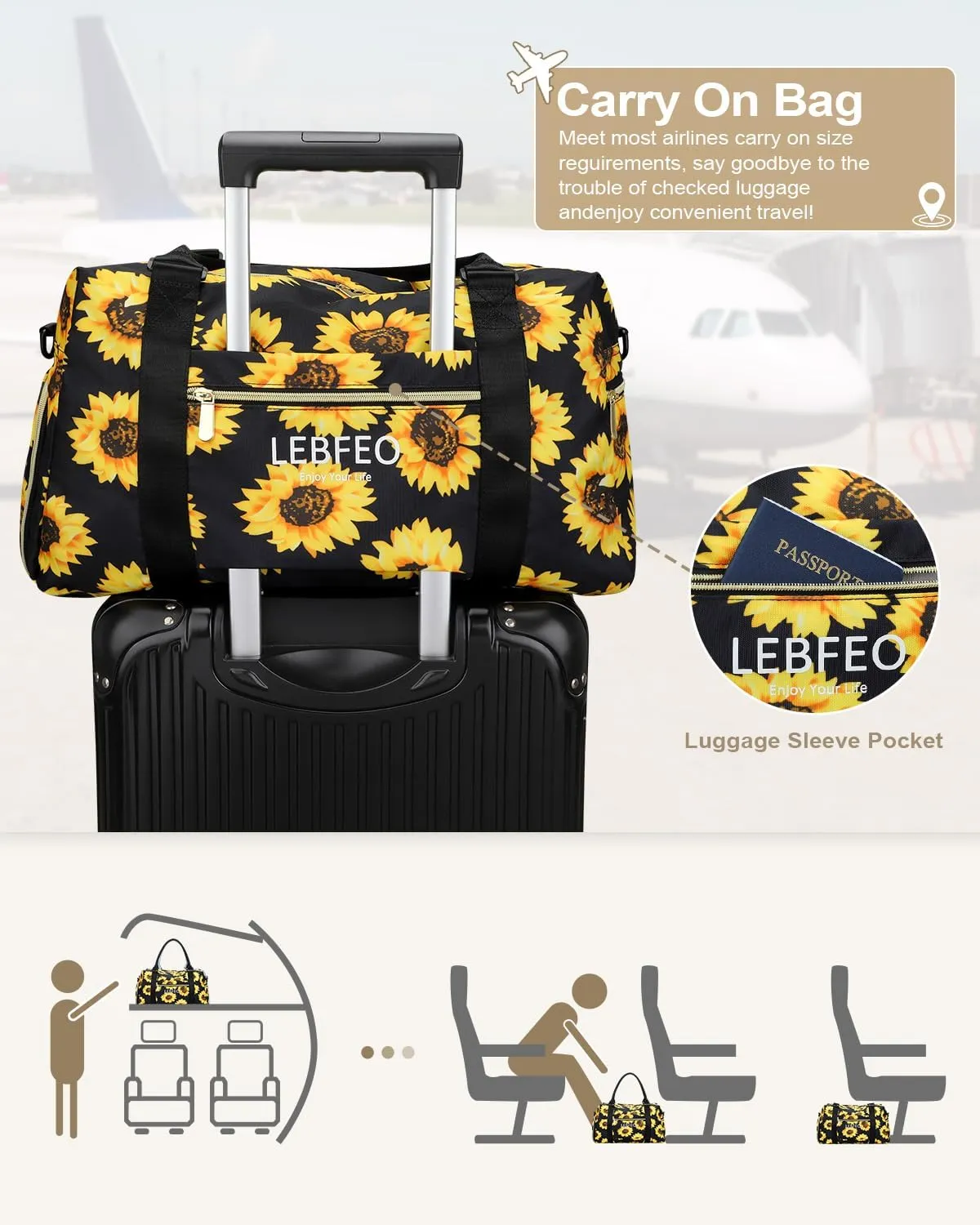 Travel Duffle Bag for Women Large Weekender Overnight Bags Gym Bag with Shoe Compartment Waterproof Hospital Bag Carry On Tote Bag for Airplanes,Sunflower
