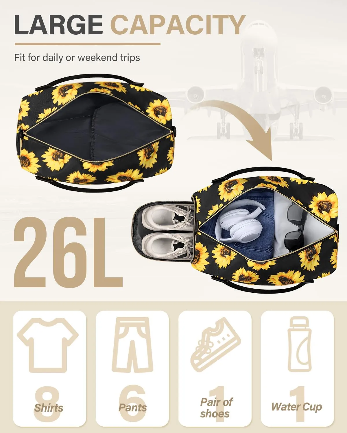 Travel Duffle Bag for Women Large Weekender Overnight Bags Gym Bag with Shoe Compartment Waterproof Hospital Bag Carry On Tote Bag for Airplanes,Sunflower