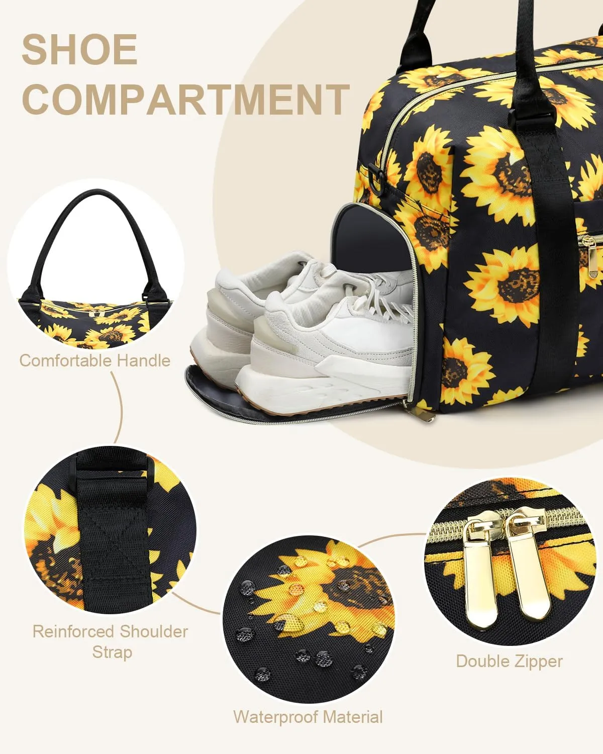 Travel Duffle Bag for Women Large Weekender Overnight Bags Gym Bag with Shoe Compartment Waterproof Hospital Bag Carry On Tote Bag for Airplanes,Sunflower