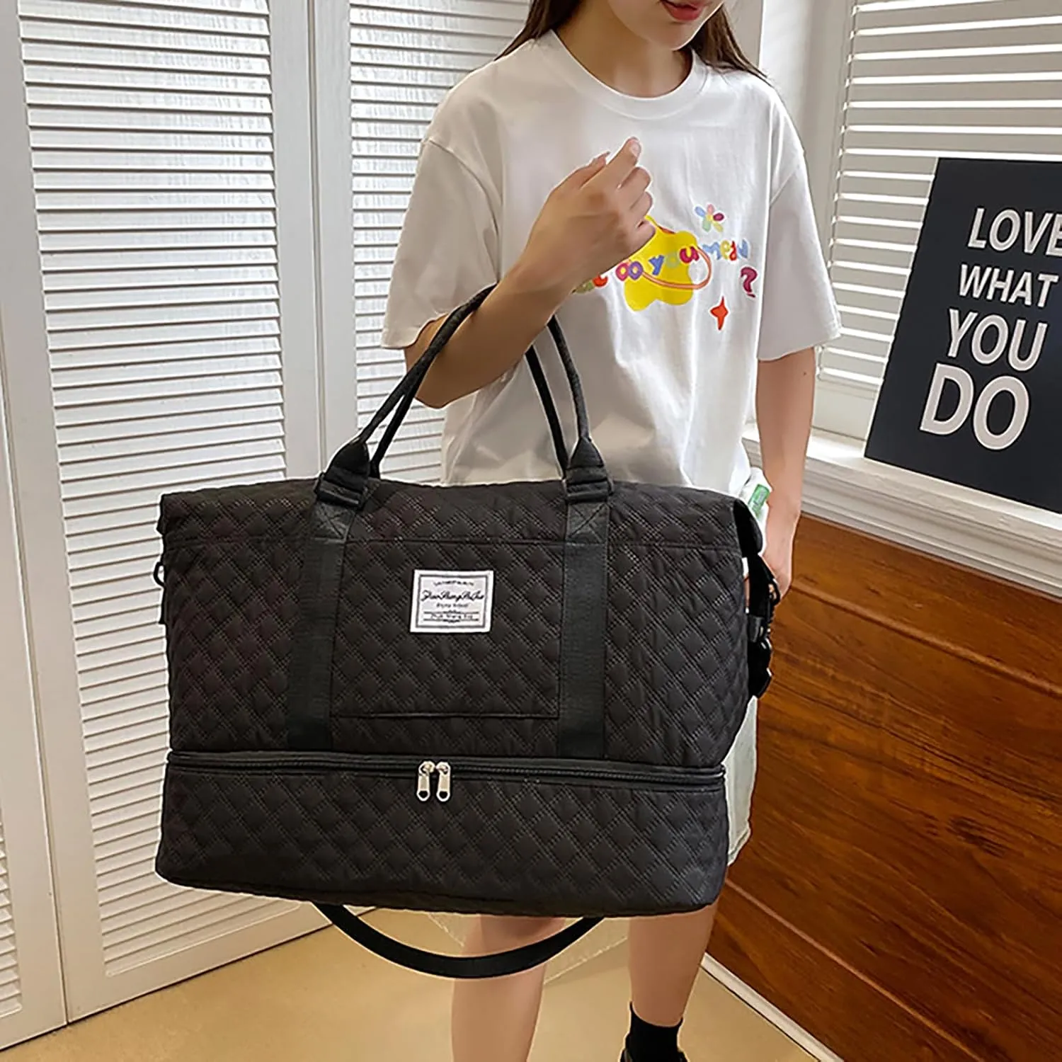 Travel Duffle Bag for Women with Shoe Compartment Carry on Overnight Bag with Toiletry Bag Gym Totes Bags with Wet Pocket Hospital Bags (Black Large Bag)