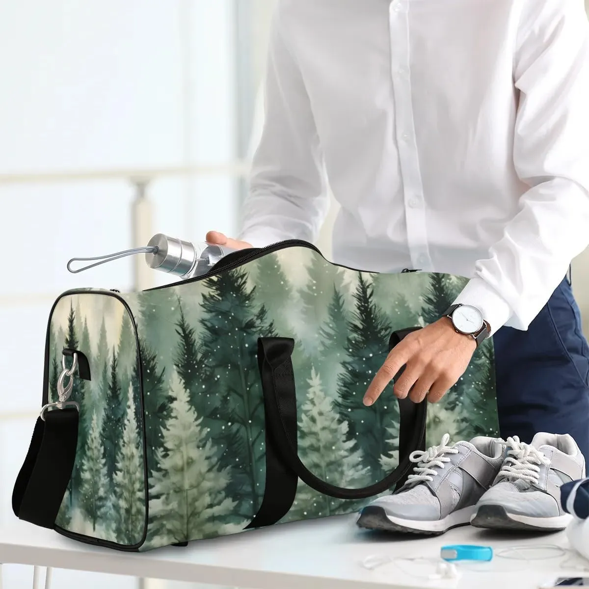 Travel Duffle Bag Pine Trees Watercolor Gym Bags for Men Women Travel Duffel Bags with Adjustable Shoulder Strap Carry On Weekender Bag