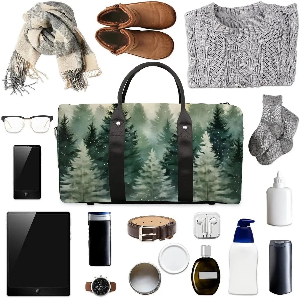 Travel Duffle Bag Pine Trees Watercolor Gym Bags for Men Women Travel Duffel Bags with Adjustable Shoulder Strap Carry On Weekender Bag
