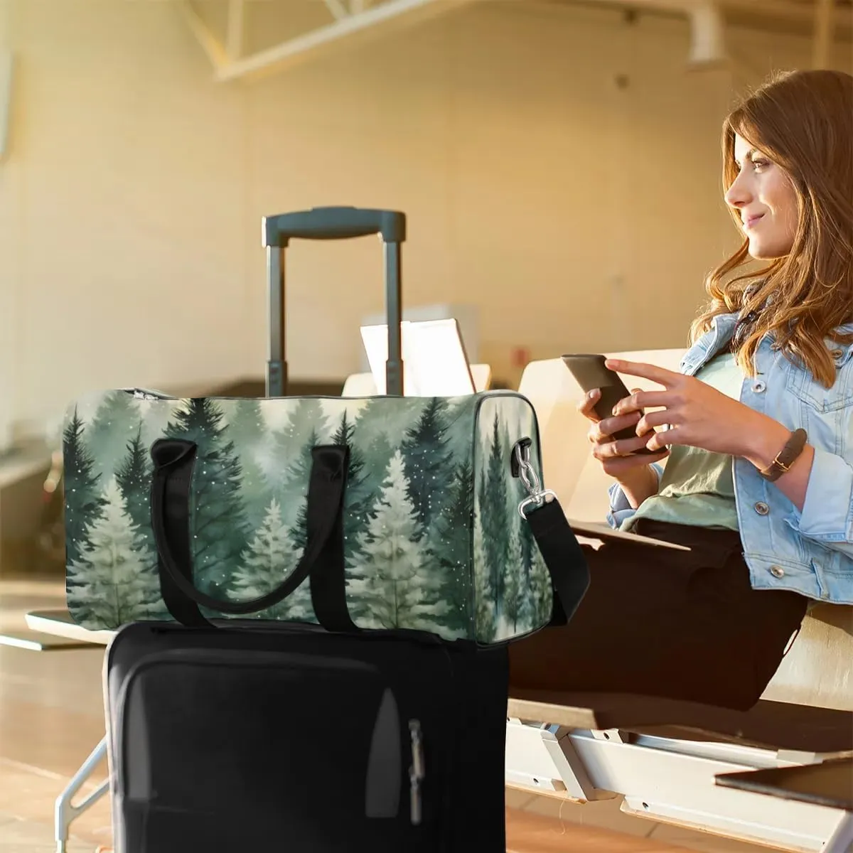 Travel Duffle Bag Pine Trees Watercolor Gym Bags for Men Women Travel Duffel Bags with Adjustable Shoulder Strap Carry On Weekender Bag