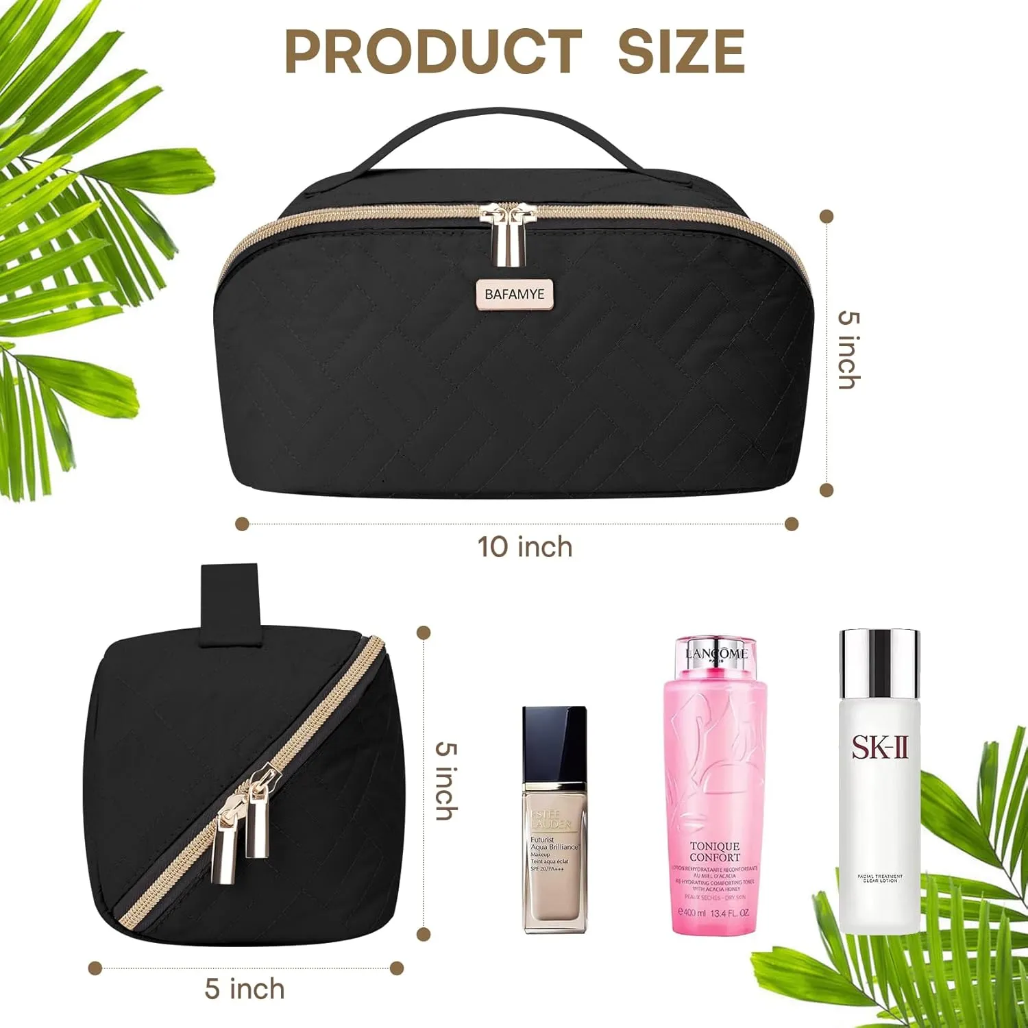 Travel Makeup Bag - 4L Compact Cosmetic Organizer Bag, Makeup Toiletry Travel Bag with Brush Holder & Multiple Compartments, Waterproof, Black