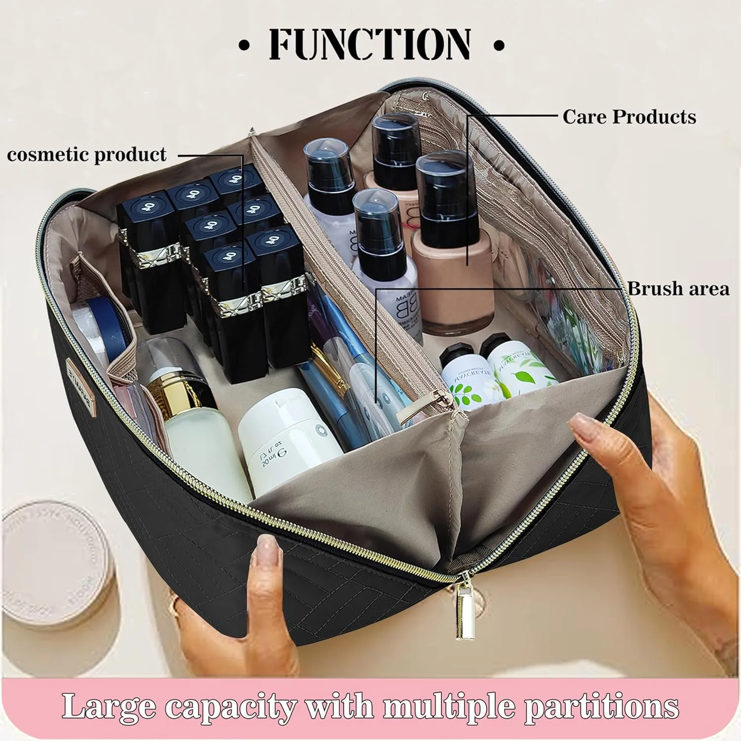Travel Makeup Bag - 4L Compact Cosmetic Organizer Bag, Makeup Toiletry Travel Bag with Brush Holder & Multiple Compartments, Waterproof, Black