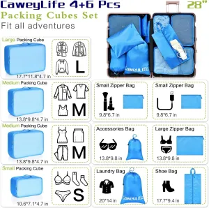 Travel Packing Cubes for Suitcases 5/10 Pcs Set, Carry On Suitcase Organizer Bags Set Luggage Travel Cube, Deep Large Design (10 Pcs Sky Blue, 10 Pcs Set)