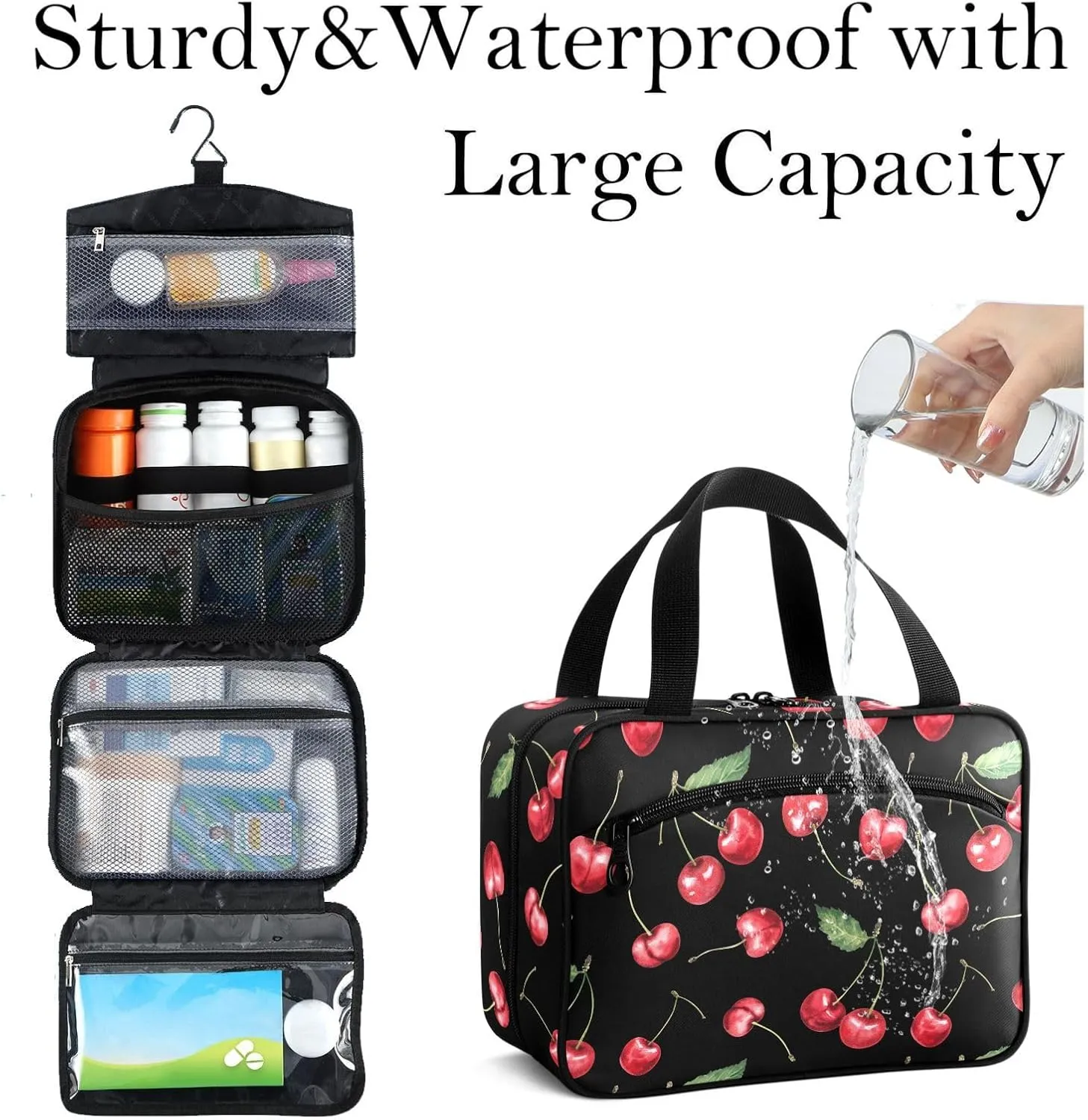 Travel Toiletry Bag for Woman/Men, Black and Red Cherry Fruit Cherries Hanging Organizer Bag with Pockets Portable Folding Travel Case Bags for Makeup Cosmetic Toiletries Storage Traveling-M