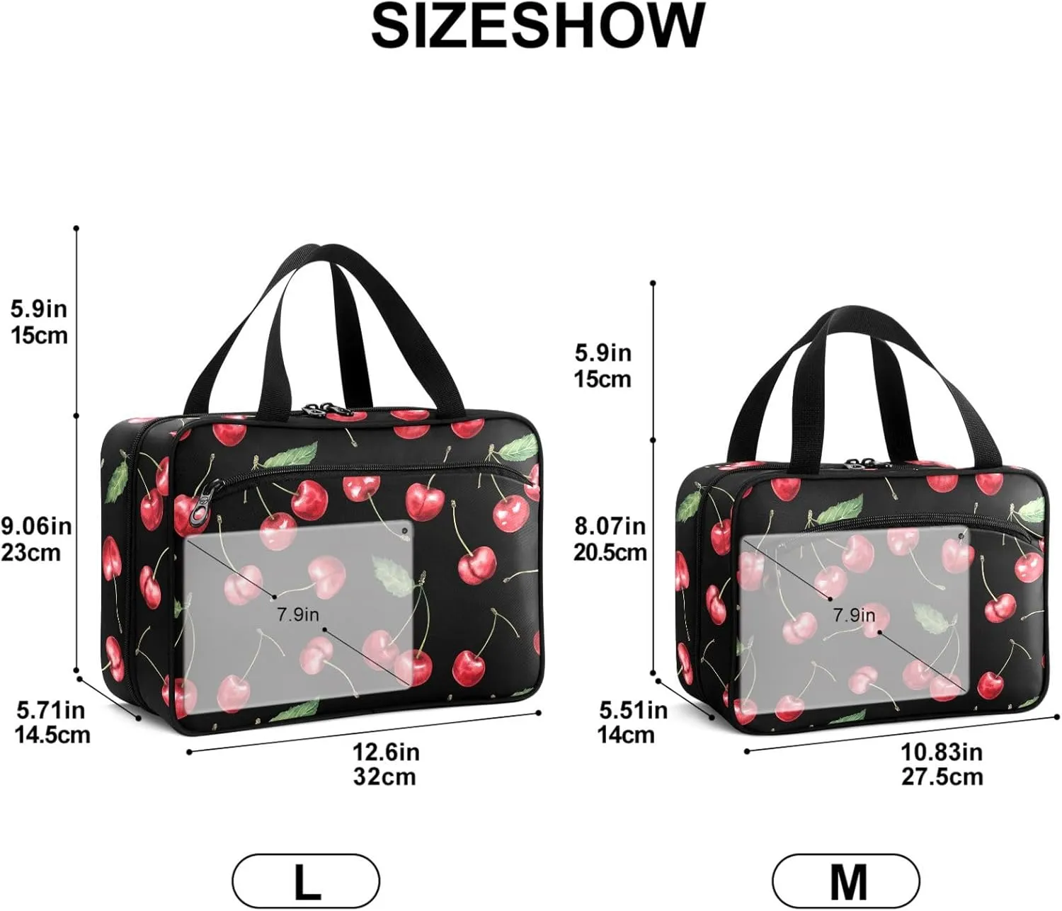 Travel Toiletry Bag for Woman/Men, Black and Red Cherry Fruit Cherries Hanging Organizer Bag with Pockets Portable Folding Travel Case Bags for Makeup Cosmetic Toiletries Storage Traveling-M