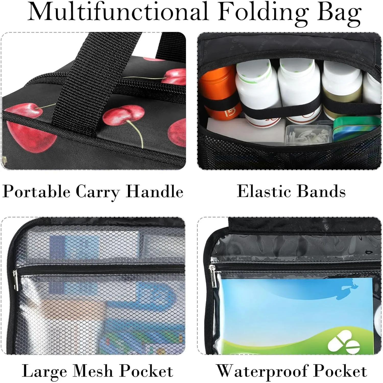 Travel Toiletry Bag for Woman/Men, Black and Red Cherry Fruit Cherries Hanging Organizer Bag with Pockets Portable Folding Travel Case Bags for Makeup Cosmetic Toiletries Storage Traveling-M