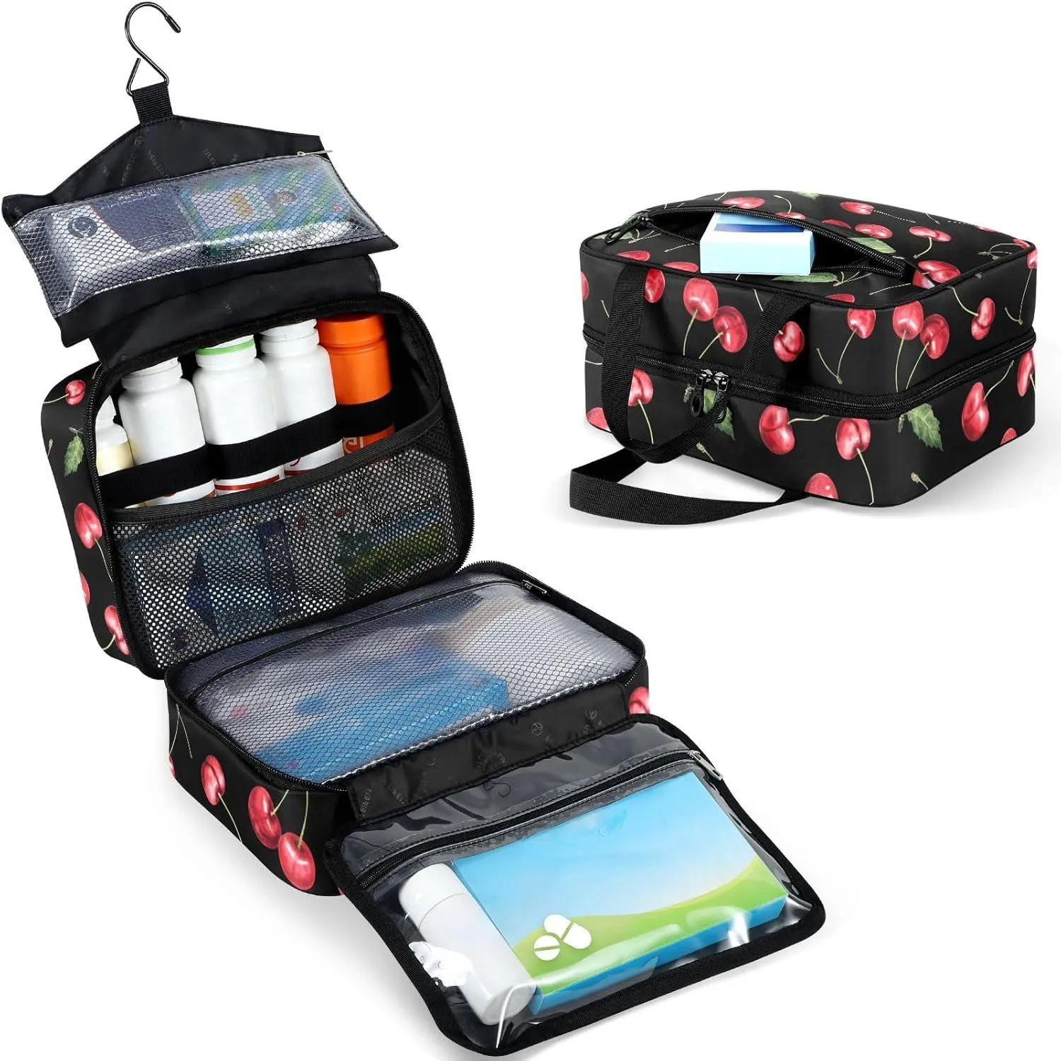 Travel Toiletry Bag for Woman/Men, Black and Red Cherry Fruit Cherries Hanging Organizer Bag with Pockets Portable Folding Travel Case Bags for Makeup Cosmetic Toiletries Storage Traveling-M