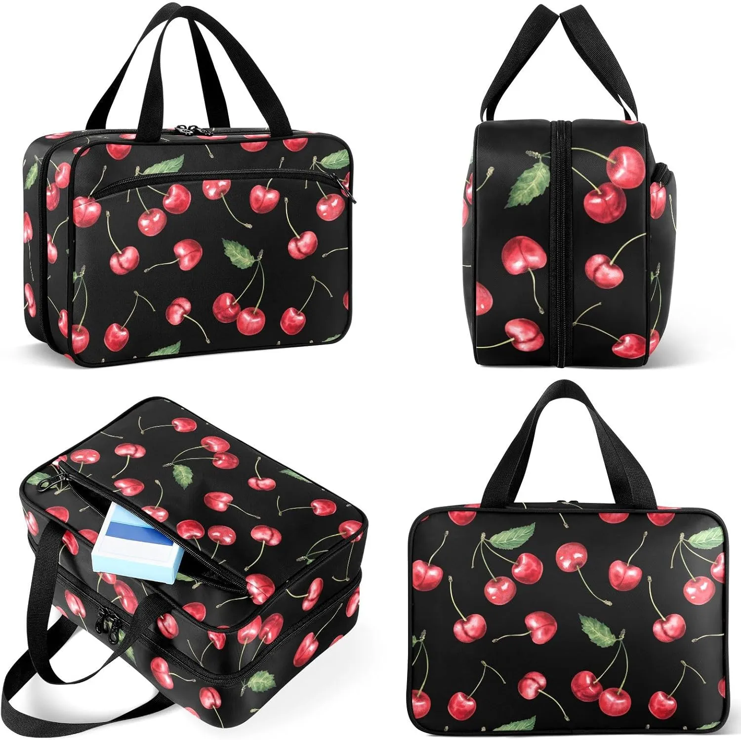 Travel Toiletry Bag for Woman/Men, Black and Red Cherry Fruit Cherries Hanging Organizer Bag with Pockets Portable Folding Travel Case Bags for Makeup Cosmetic Toiletries Storage Traveling-M