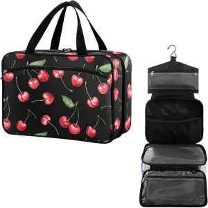 Travel Toiletry Bag for Woman/Men, Black and Red Cherry Fruit Cherries Hanging Organizer Bag with Pockets Portable Folding Travel Case Bags for Makeup Cosmetic Toiletries Storage Traveling-M