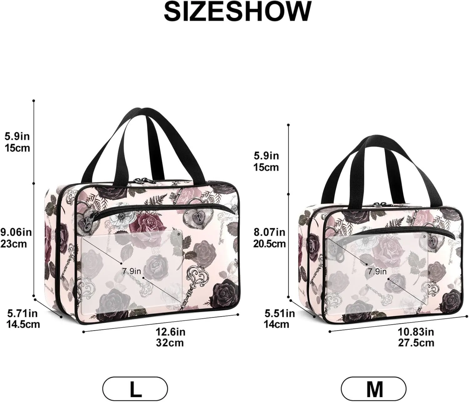 Travel Toiletry Bag for Woman/Men,Moody Floral Roses Keys Gray-pink Goth Hanging Organizer Bag with Pockets Portable Folding Travel Case Bags for Makeup Cosmetic Toiletries Storage Traveling-M