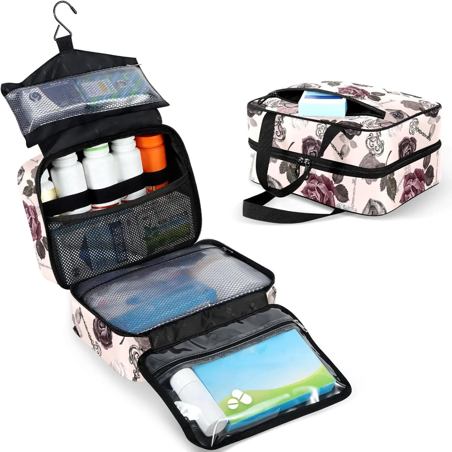 Travel Toiletry Bag for Woman/Men,Moody Floral Roses Keys Gray-pink Goth Hanging Organizer Bag with Pockets Portable Folding Travel Case Bags for Makeup Cosmetic Toiletries Storage Traveling-M
