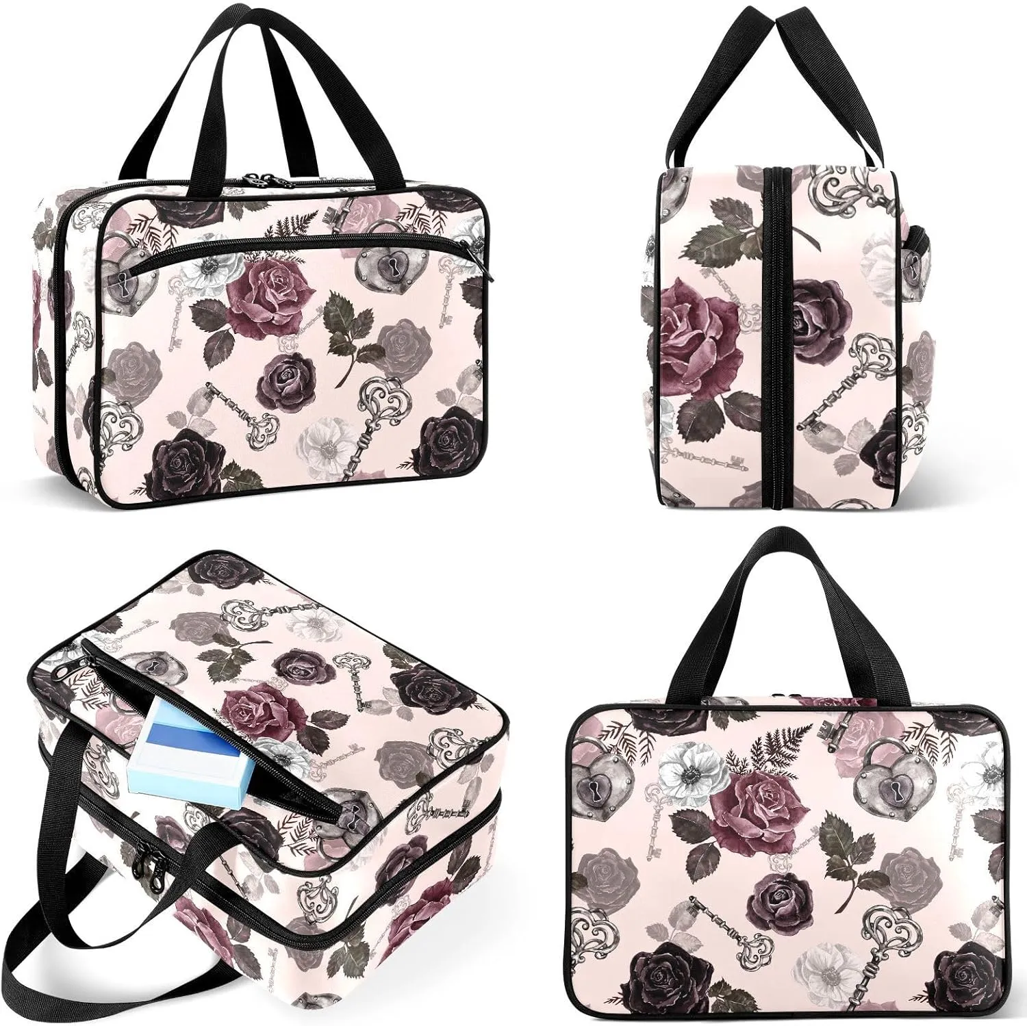 Travel Toiletry Bag for Woman/Men,Moody Floral Roses Keys Gray-pink Goth Hanging Organizer Bag with Pockets Portable Folding Travel Case Bags for Makeup Cosmetic Toiletries Storage Traveling-M