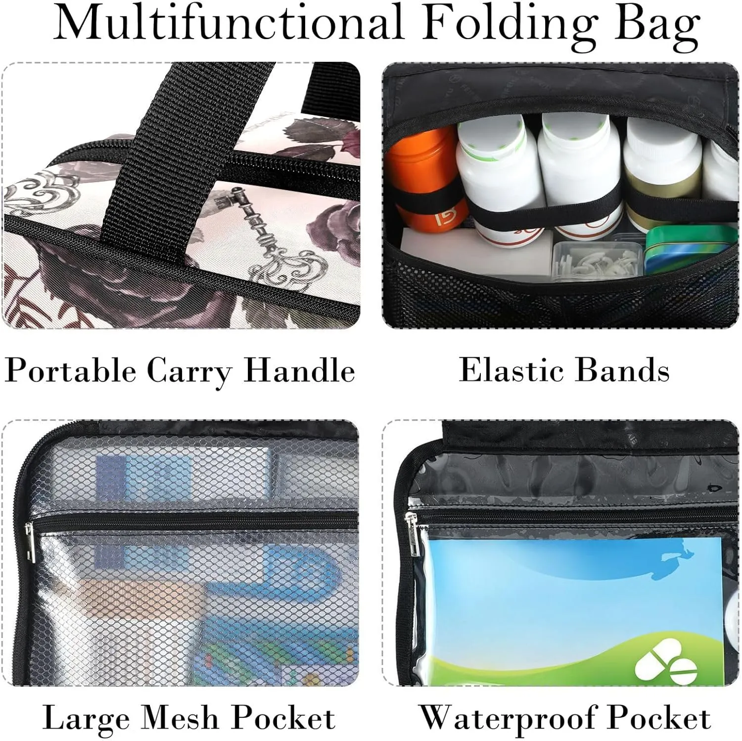 Travel Toiletry Bag for Woman/Men,Moody Floral Roses Keys Gray-pink Goth Hanging Organizer Bag with Pockets Portable Folding Travel Case Bags for Makeup Cosmetic Toiletries Storage Traveling-M