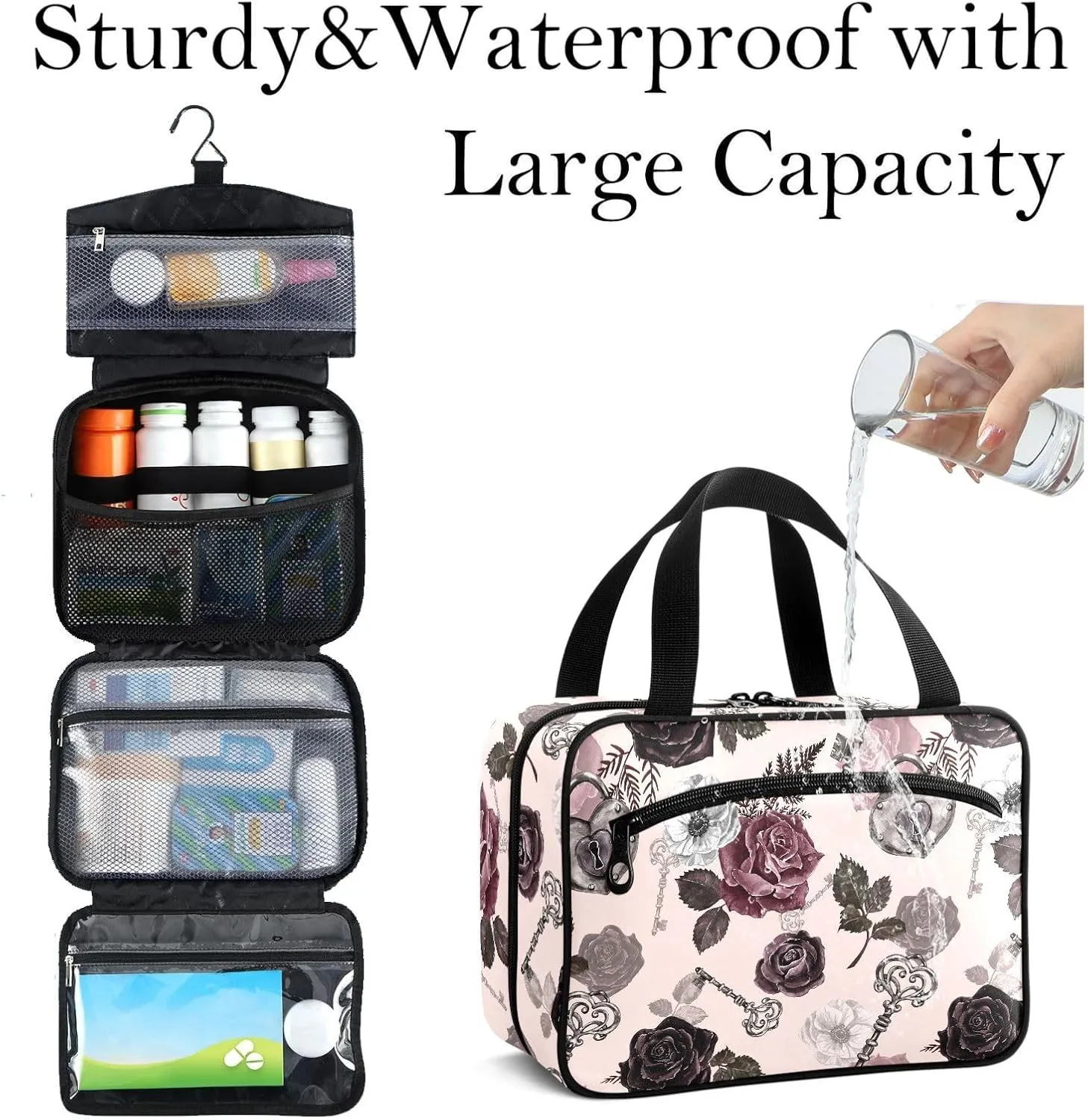 Travel Toiletry Bag for Woman/Men,Moody Floral Roses Keys Gray-pink Goth Hanging Organizer Bag with Pockets Portable Folding Travel Case Bags for Makeup Cosmetic Toiletries Storage Traveling-M