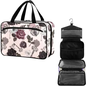 Travel Toiletry Bag for Woman/Men,Moody Floral Roses Keys Gray-pink Goth Hanging Organizer Bag with Pockets Portable Folding Travel Case Bags for Makeup Cosmetic Toiletries Storage Traveling-M