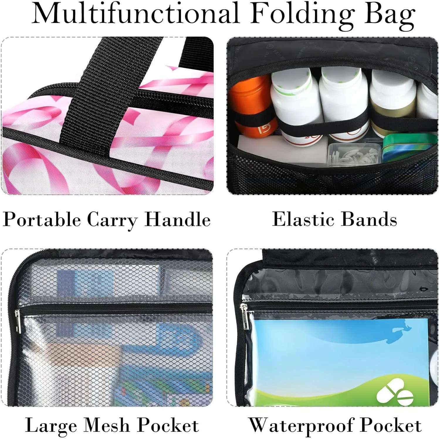 Travel Toiletry Bag for Woman/Men,Pink Ribbon Breast Cancer Awareness Hanging Organizer Bag with Pockets Portable Folding Travel Case Bags for Makeup Cosmetic Toiletries Storage Traveling-L