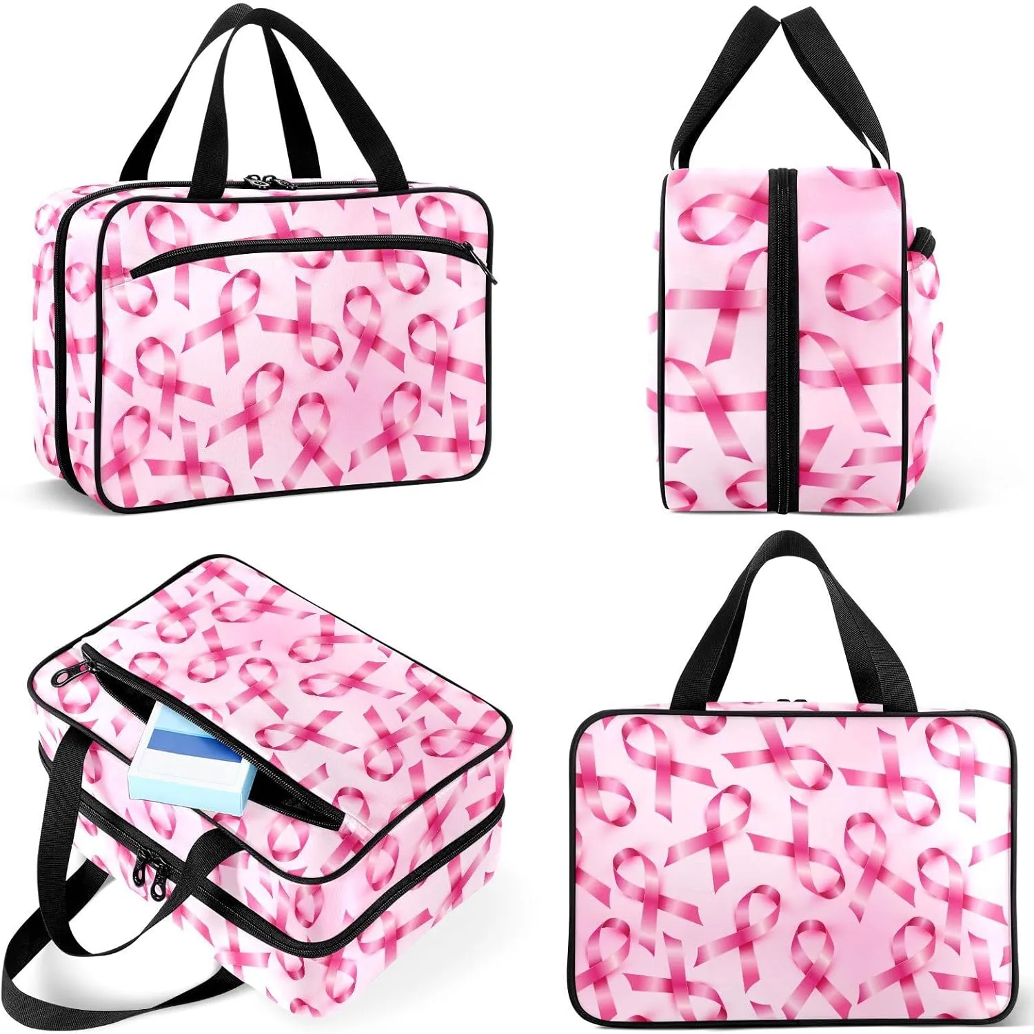 Travel Toiletry Bag for Woman/Men,Pink Ribbon Breast Cancer Awareness Hanging Organizer Bag with Pockets Portable Folding Travel Case Bags for Makeup Cosmetic Toiletries Storage Traveling-L