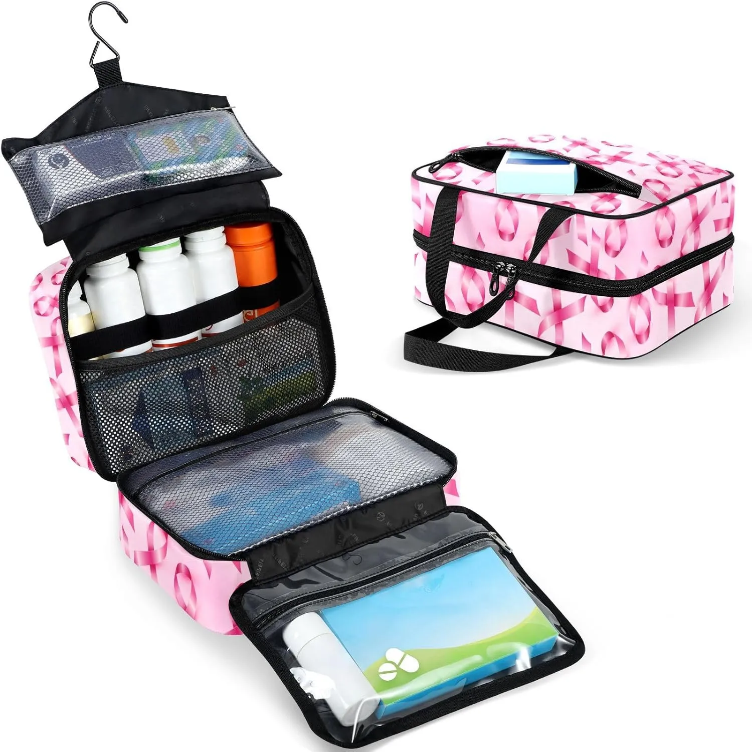 Travel Toiletry Bag for Woman/Men,Pink Ribbon Breast Cancer Awareness Hanging Organizer Bag with Pockets Portable Folding Travel Case Bags for Makeup Cosmetic Toiletries Storage Traveling-L