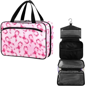 Travel Toiletry Bag for Woman/Men,Pink Ribbon Breast Cancer Awareness Hanging Organizer Bag with Pockets Portable Folding Travel Case Bags for Makeup Cosmetic Toiletries Storage Traveling-L