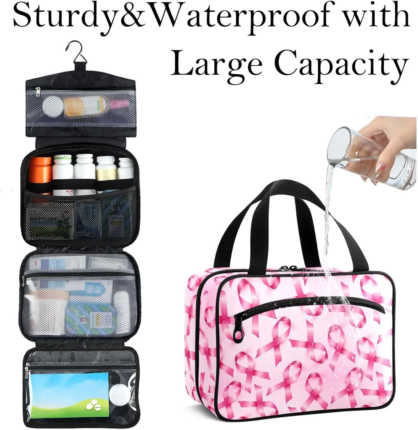 Travel Toiletry Bag for Woman/Men,Pink Ribbon Breast Cancer Awareness Hanging Organizer Bag with Pockets Portable Folding Travel Case Bags for Makeup Cosmetic Toiletries Storage Traveling-L
