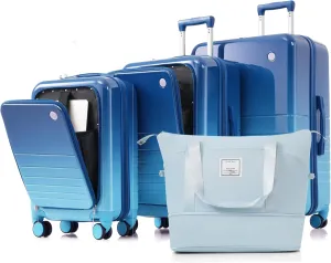 Travel with USB Port Luggage Set of 4, Front Opening Design, Airline Certified Carry On Luggage with Cup Holder, Blue