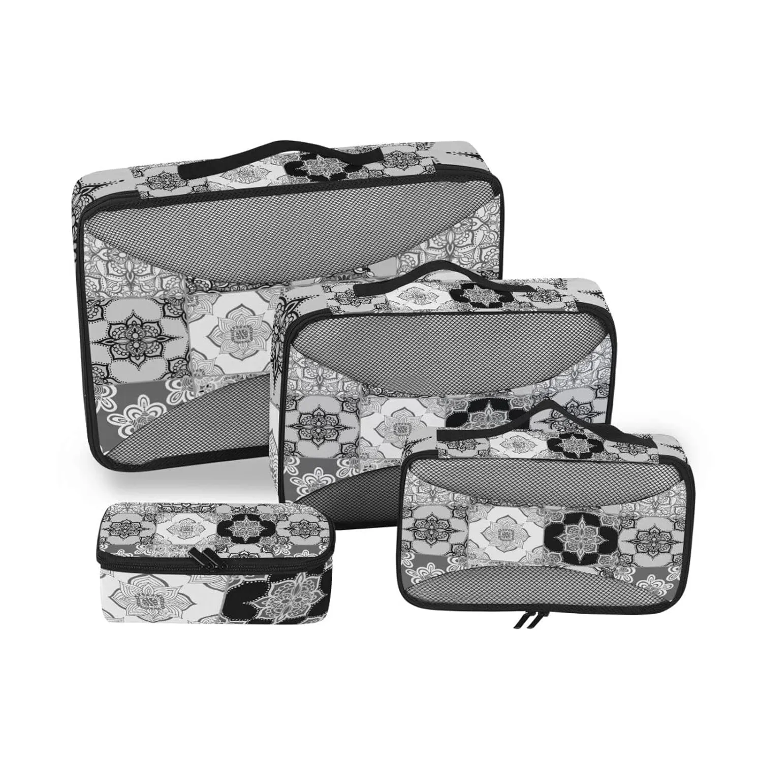 Tribal Moroccan Portuguese Tiles Ornaments Black White Pattern 4 Set Packing Cubes, Travel Packing Organizers, 600D Oxford Cloth Toiletry Storage Bag, Luggage Mesh Bags for Accessories
