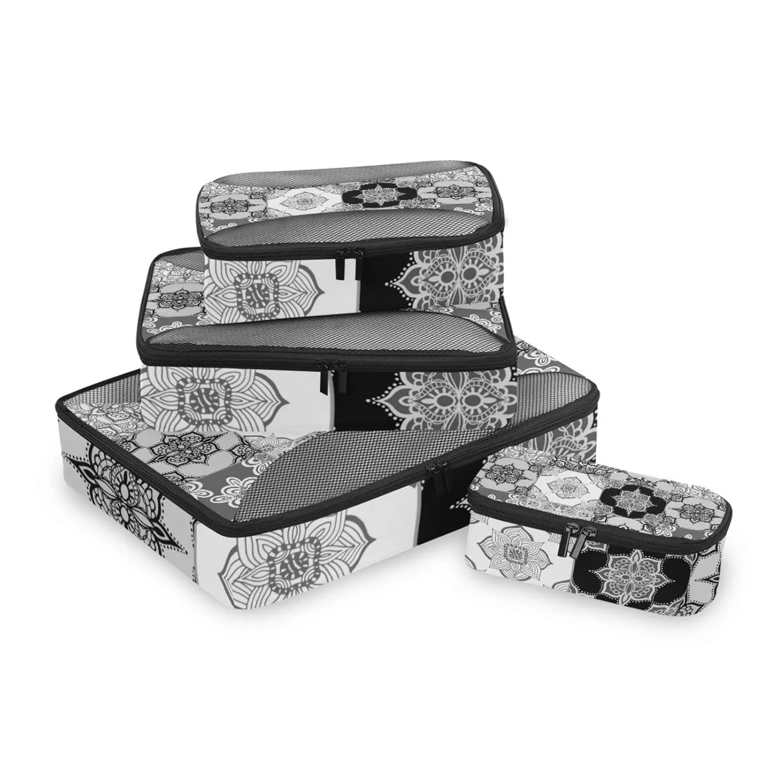 Tribal Moroccan Portuguese Tiles Ornaments Black White Pattern 4 Set Packing Cubes, Travel Packing Organizers, 600D Oxford Cloth Toiletry Storage Bag, Luggage Mesh Bags for Accessories