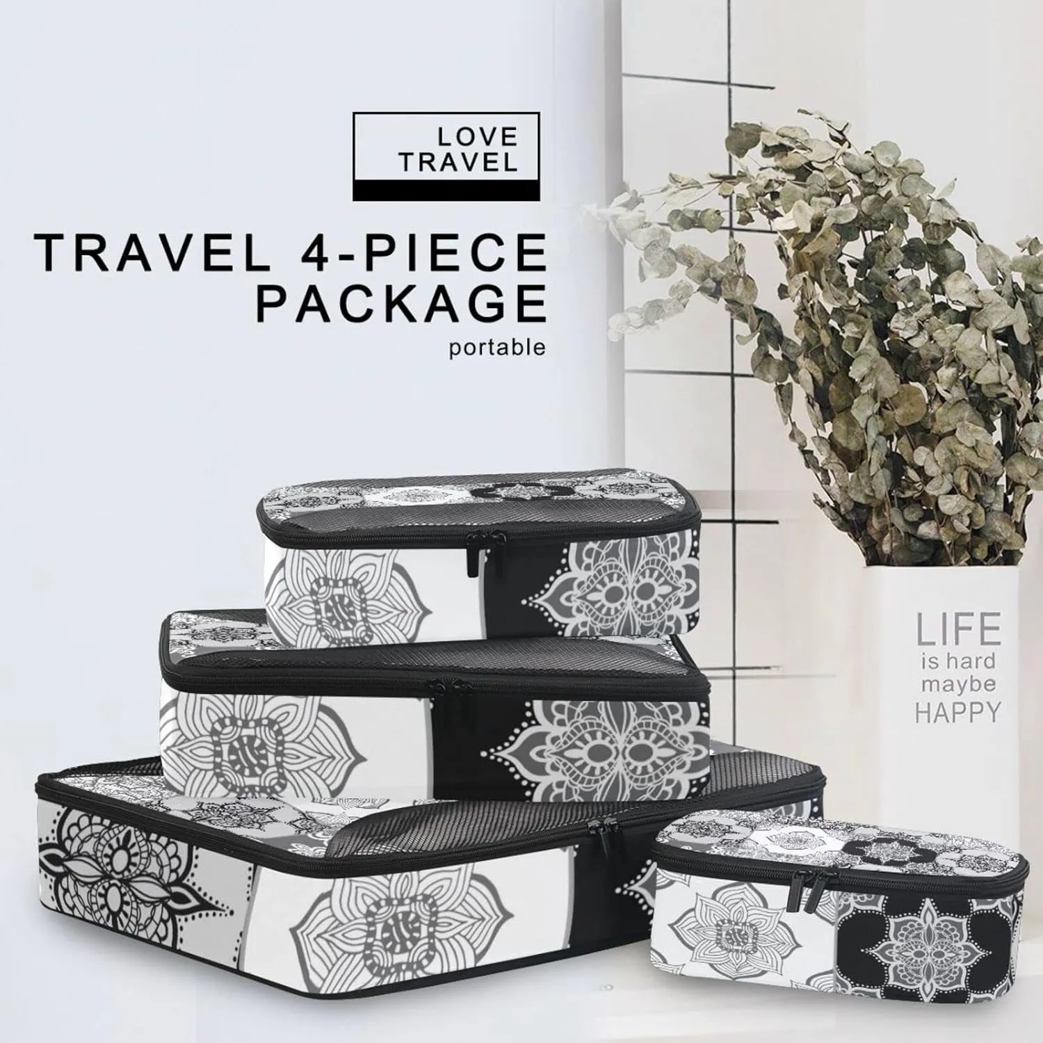 Tribal Moroccan Portuguese Tiles Ornaments Black White Pattern 4 Set Packing Cubes, Travel Packing Organizers, 600D Oxford Cloth Toiletry Storage Bag, Luggage Mesh Bags for Accessories