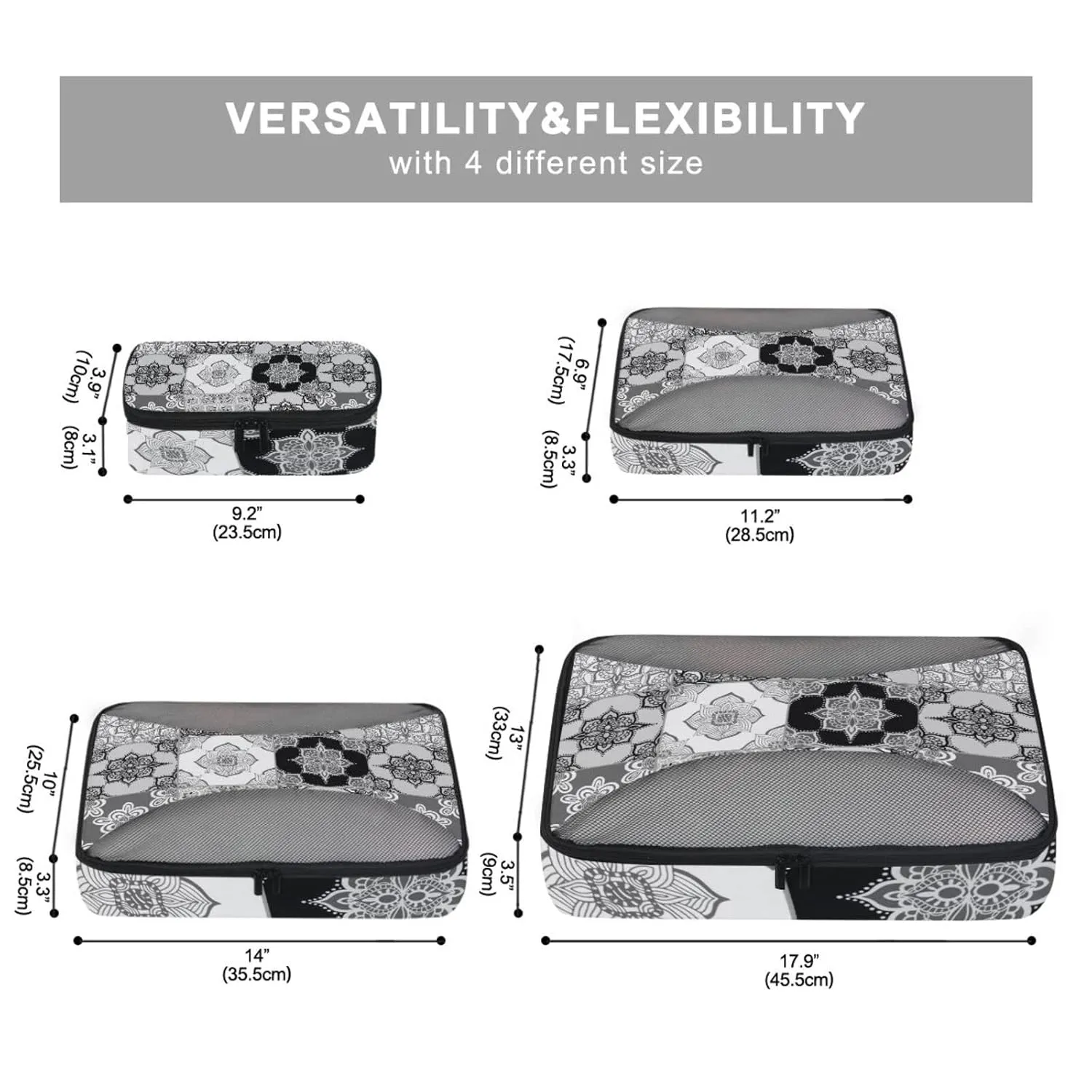 Tribal Moroccan Portuguese Tiles Ornaments Black White Pattern 4 Set Packing Cubes, Travel Packing Organizers, 600D Oxford Cloth Toiletry Storage Bag, Luggage Mesh Bags for Accessories